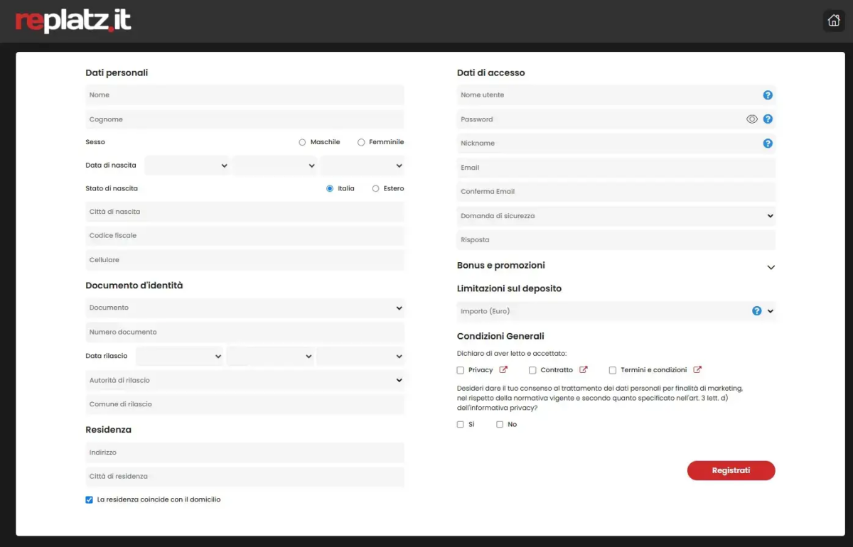 Modulo di registrazione Replatz casino
